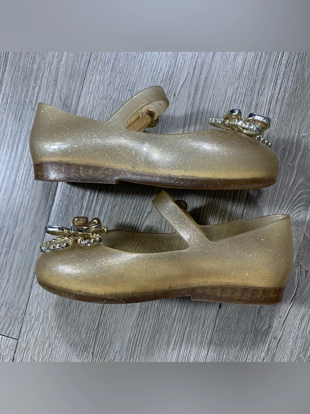 Mini Melissa Gold Sparkle Sweet Live Butterfly Mary Jane Jelly Shoes size 10